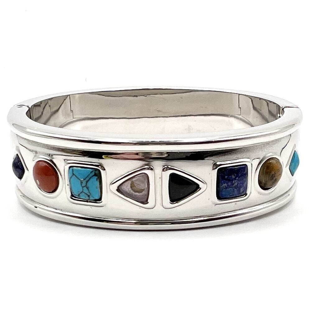 Bracelet Clamper Bangle Silver Tone Southwestern Colorful Inlaid Faux Stones